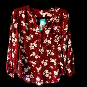 Burgundy 3Q Sleeve Floral Blouse NWT